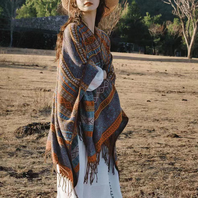 Tibetan Geometric Horizontal Stripe Flower Leaf Tassels Shawl Fall Winter Cozy Scarf Wrap