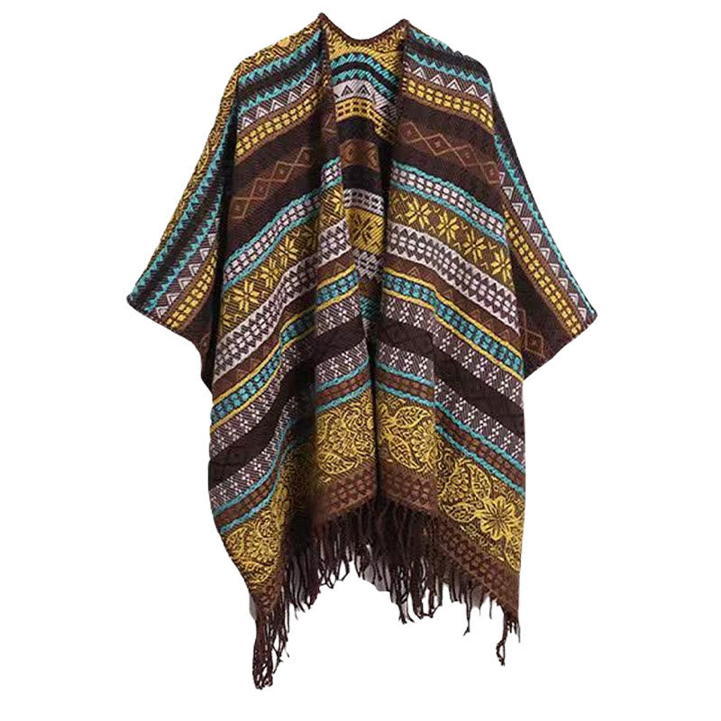 Tibetan Geometric Horizontal Stripe Flower Leaf Tassels Shawl Fall Winter Cozy Scarf Wrap