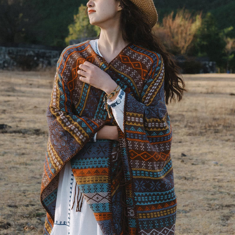Tibetan Geometric Horizontal Stripe Flower Leaf Tassels Shawl Fall Winter Cozy Scarf Wrap
