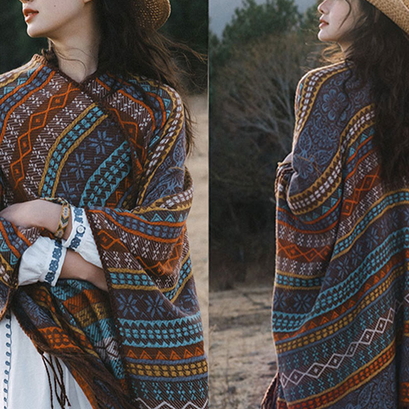 Tibetan Geometric Horizontal Stripe Flower Leaf Tassels Shawl Fall Winter Cozy Scarf Wrap