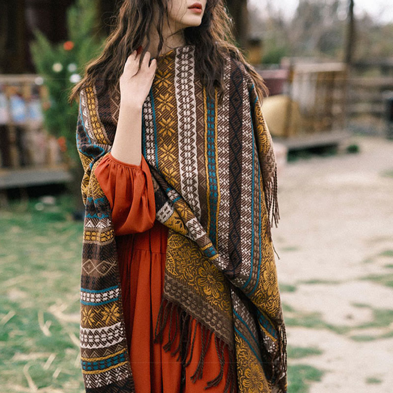 Tibetan Geometric Horizontal Stripe Flower Leaf Tassels Shawl Fall Winter Cozy Scarf Wrap
