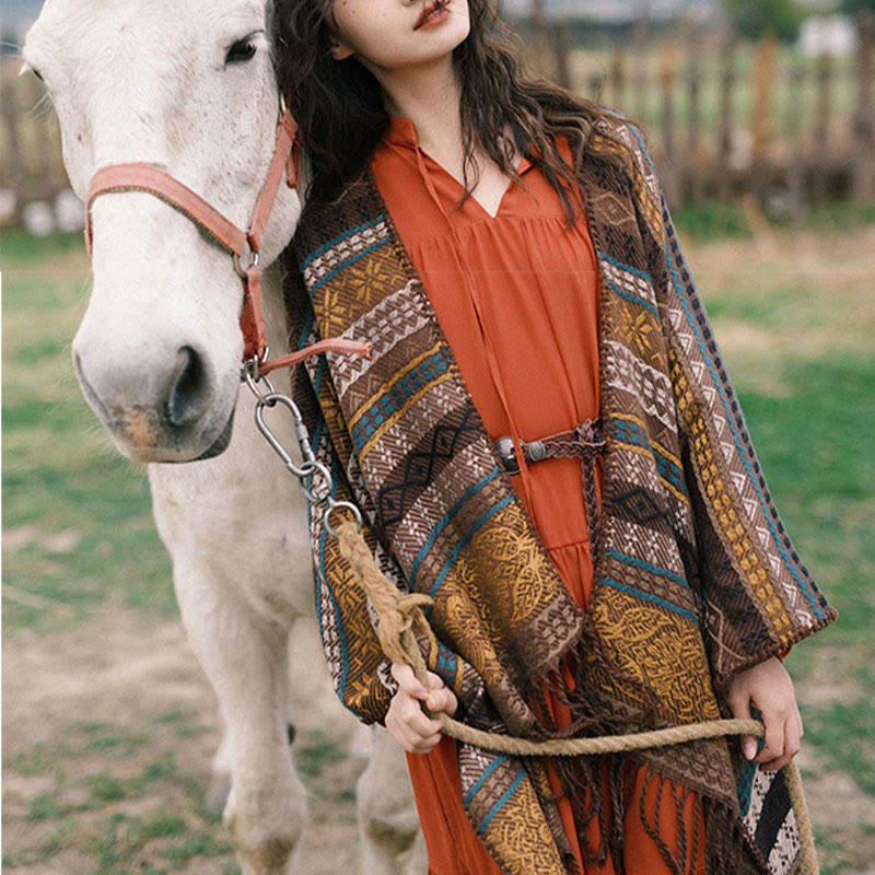 Tibetan Geometric Horizontal Stripe Flower Leaf Tassels Shawl Fall Winter Cozy Scarf Wrap