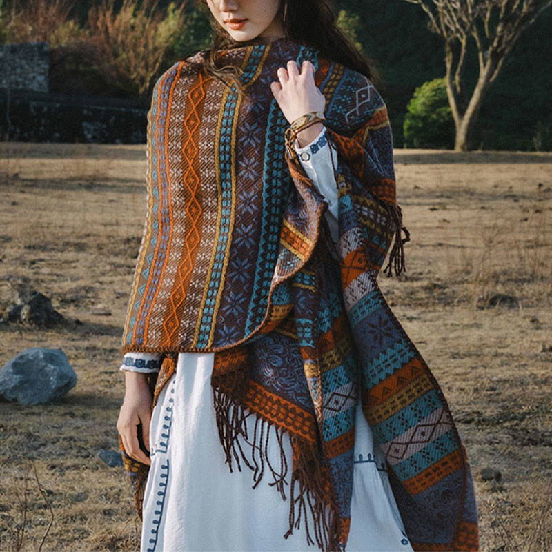 Tibetan Geometric Horizontal Stripe Flower Leaf Tassels Shawl Fall Winter Cozy Scarf Wrap