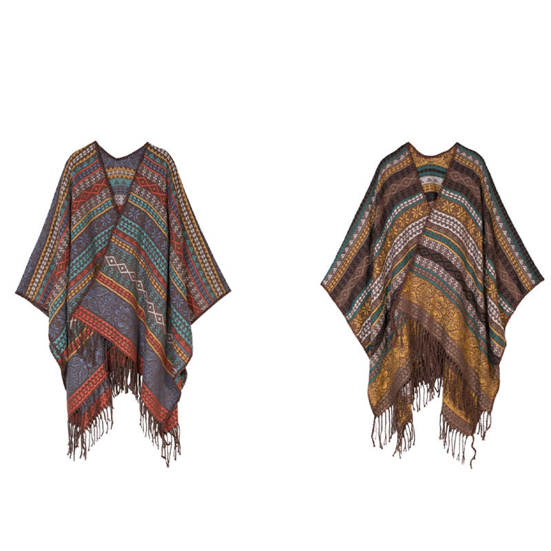 Tibetan Geometric Horizontal Stripe Flower Leaf Tassels Shawl Fall Winter Cozy Scarf Wrap