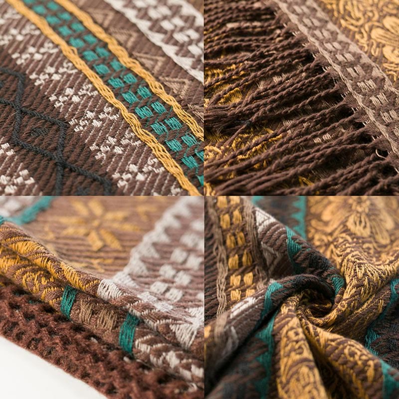 Tibetan Geometric Horizontal Stripe Flower Leaf Tassels Shawl Fall Winter Cozy Scarf Wrap