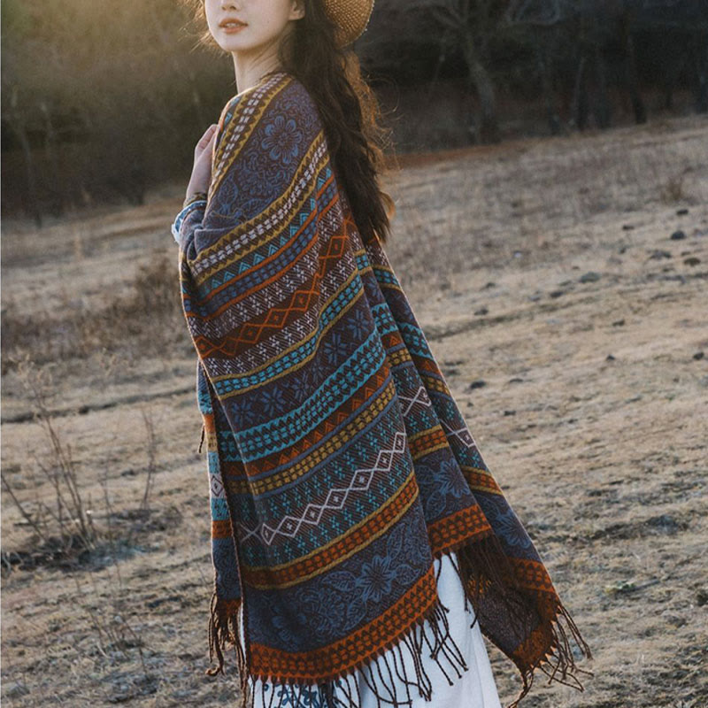 Tibetan Geometric Horizontal Stripe Flower Leaf Tassels Shawl Fall Winter Cozy Scarf Wrap