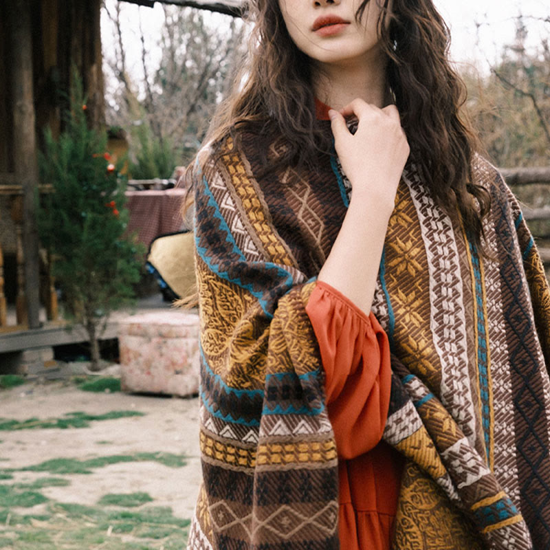 Tibetan Geometric Horizontal Stripe Flower Leaf Tassels Shawl Fall Winter Cozy Scarf Wrap