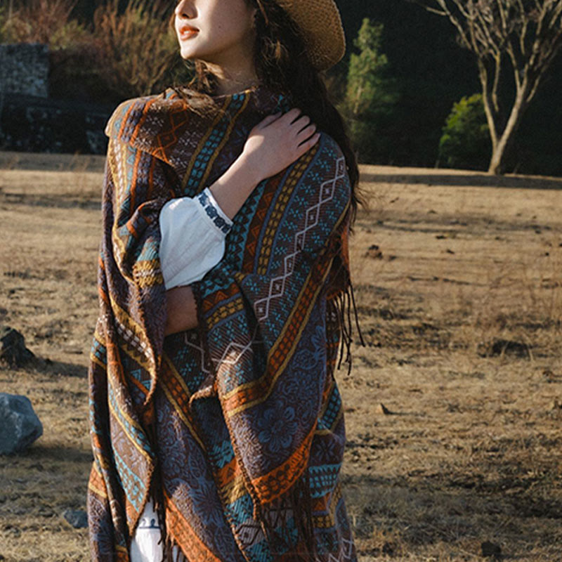 Tibetan Geometric Horizontal Stripe Flower Leaf Tassels Shawl Fall Winter Cozy Scarf Wrap