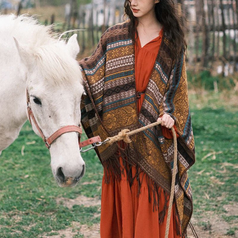 Tibetan Geometric Horizontal Stripe Flower Leaf Tassels Shawl Fall Winter Cozy Scarf Wrap
