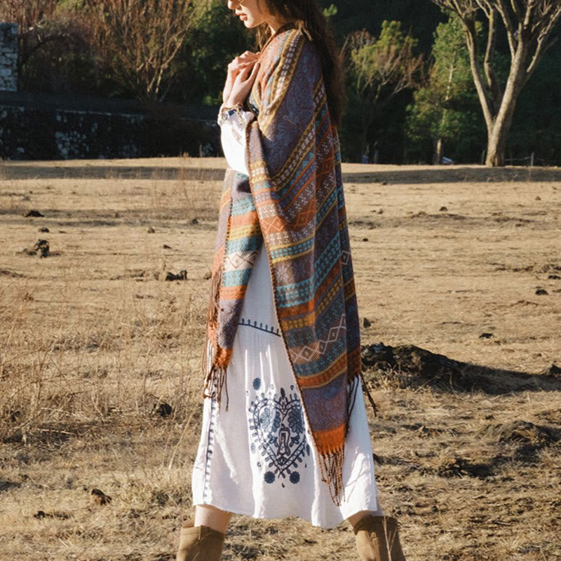 Tibetan Geometric Horizontal Stripe Flower Leaf Tassels Shawl Fall Winter Cozy Scarf Wrap