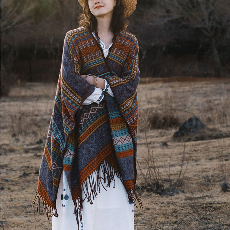 Tibetan Geometric Horizontal Stripe Flower Leaf Tassels Shawl Fall Winter Cozy Scarf Wrap