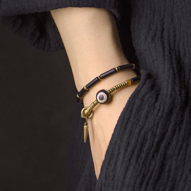 Black Onyx Copper Dzi Bead Cone Pendant Double Wrap Protection Bracelet