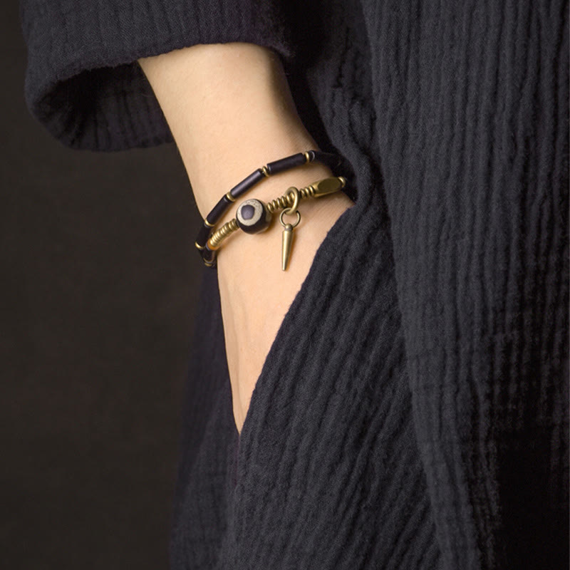 Black Onyx Copper Dzi Bead Cone Pendant Double Wrap Protection Bracelet
