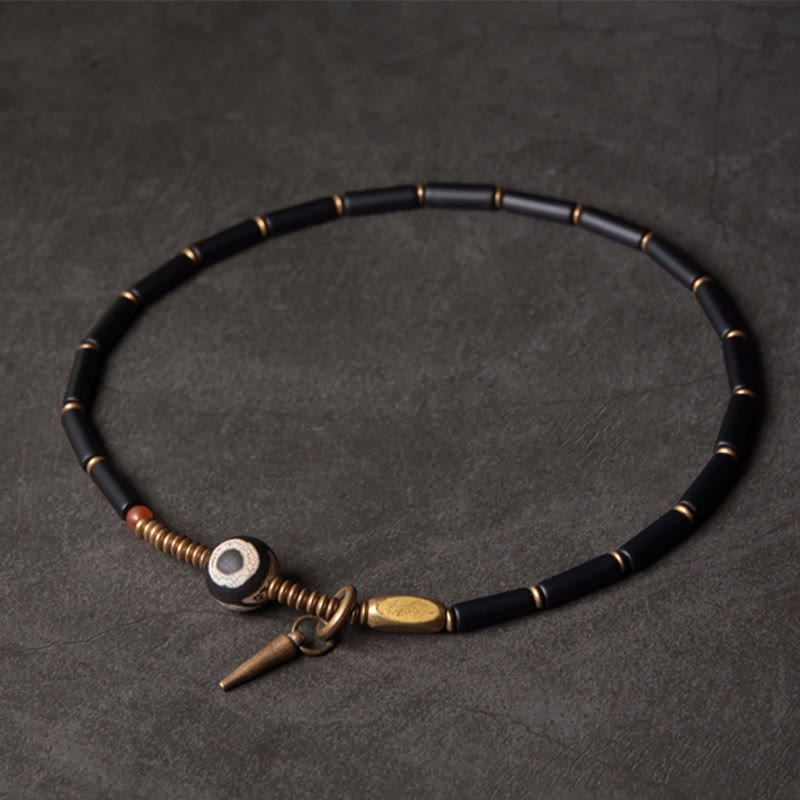 Black Onyx Copper Dzi Bead Cone Pendant Double Wrap Protection Bracelet