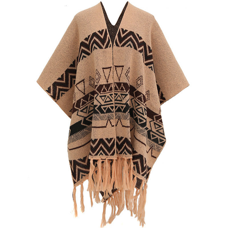 Tibetan Wave Stripe Geometry Tassels Shawl Fall Winter Cozy Scarf Wrap