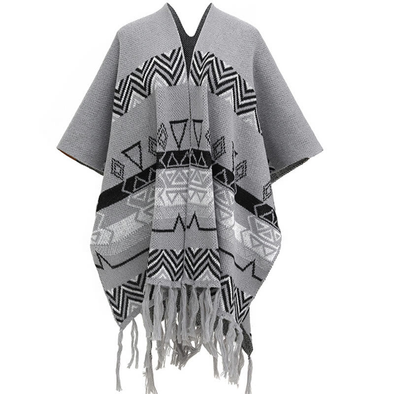 Tibetan Wave Stripe Geometry Tassels Shawl Fall Winter Cozy Scarf Wrap