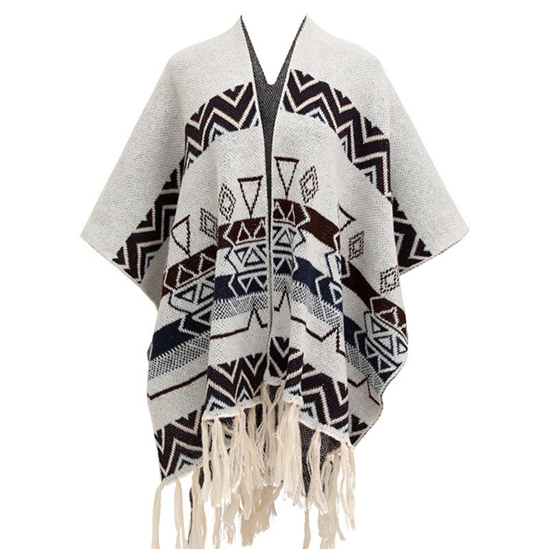 Tibetan Wave Stripe Geometry Tassels Shawl Fall Winter Cozy Scarf Wrap