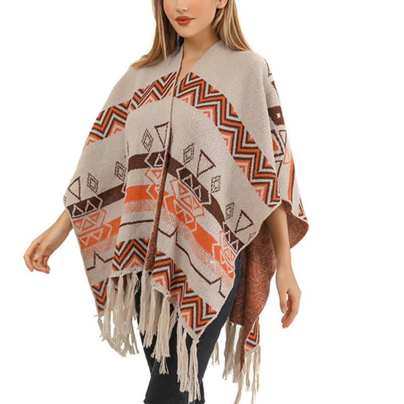 Tibetan Wave Stripe Geometry Tassels Shawl Fall Winter Cozy Scarf Wrap