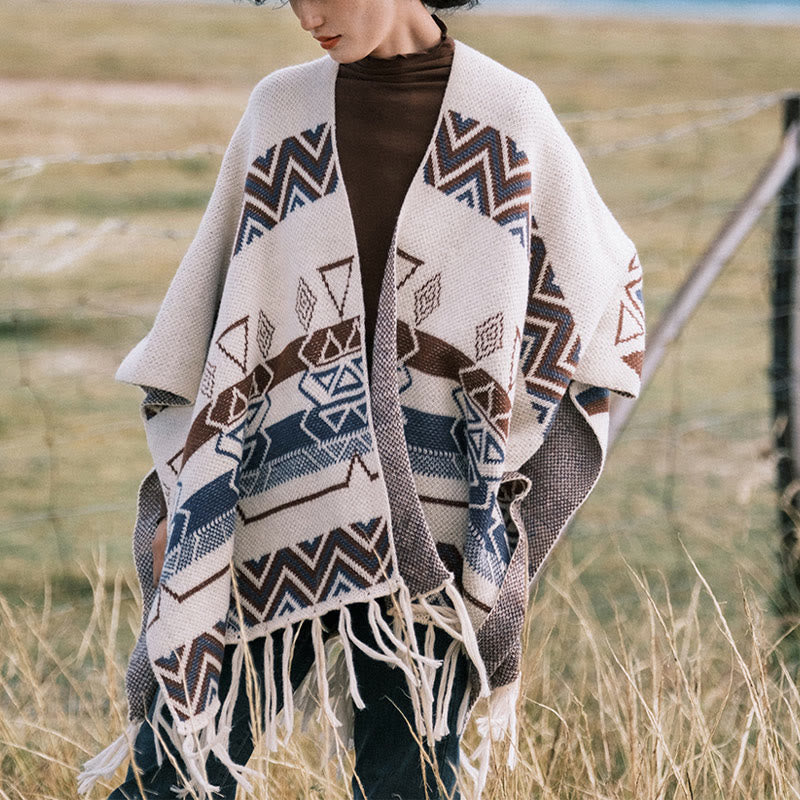 Tibetan Wave Stripe Geometry Tassels Shawl Fall Winter Cozy Scarf Wrap