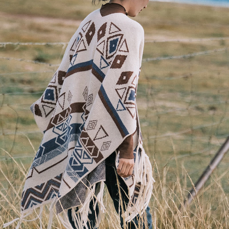 Tibetan Wave Stripe Geometry Tassels Shawl Fall Winter Cozy Scarf Wrap