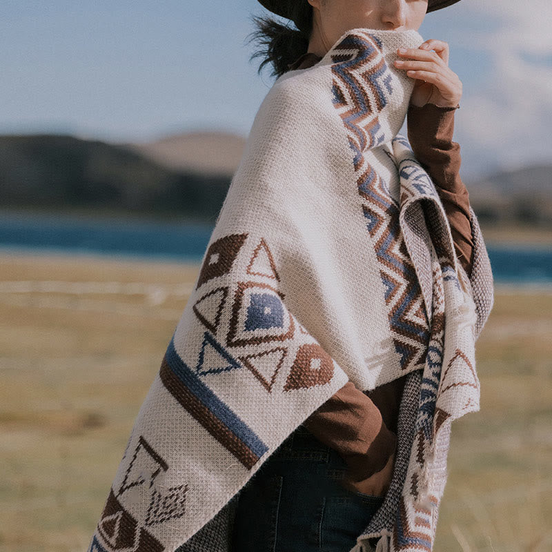 Tibetan Wave Stripe Geometry Tassels Shawl Fall Winter Cozy Scarf Wrap