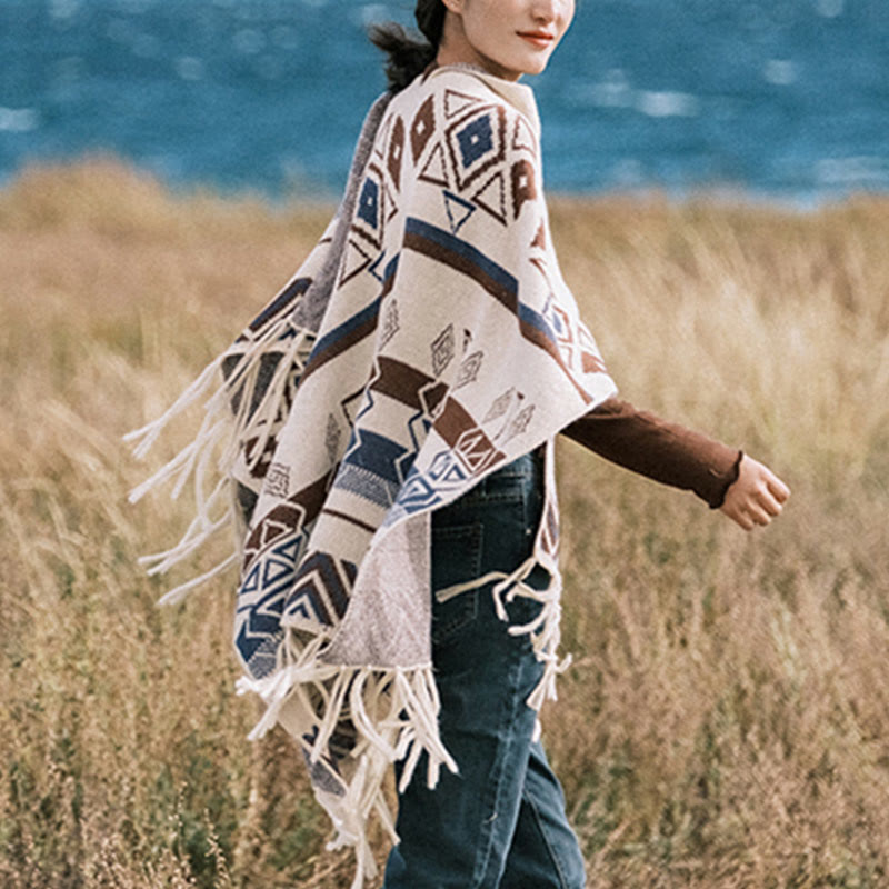 Tibetan Wave Stripe Geometry Tassels Shawl Fall Winter Cozy Scarf Wrap