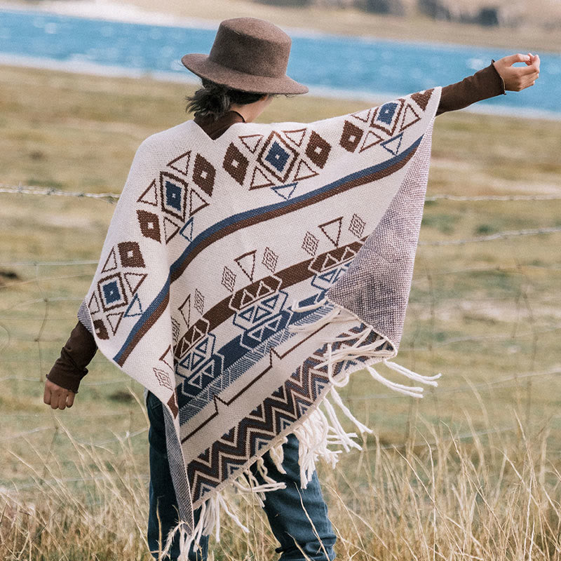 Tibetan Wave Stripe Geometry Tassels Shawl Fall Winter Cozy Scarf Wrap