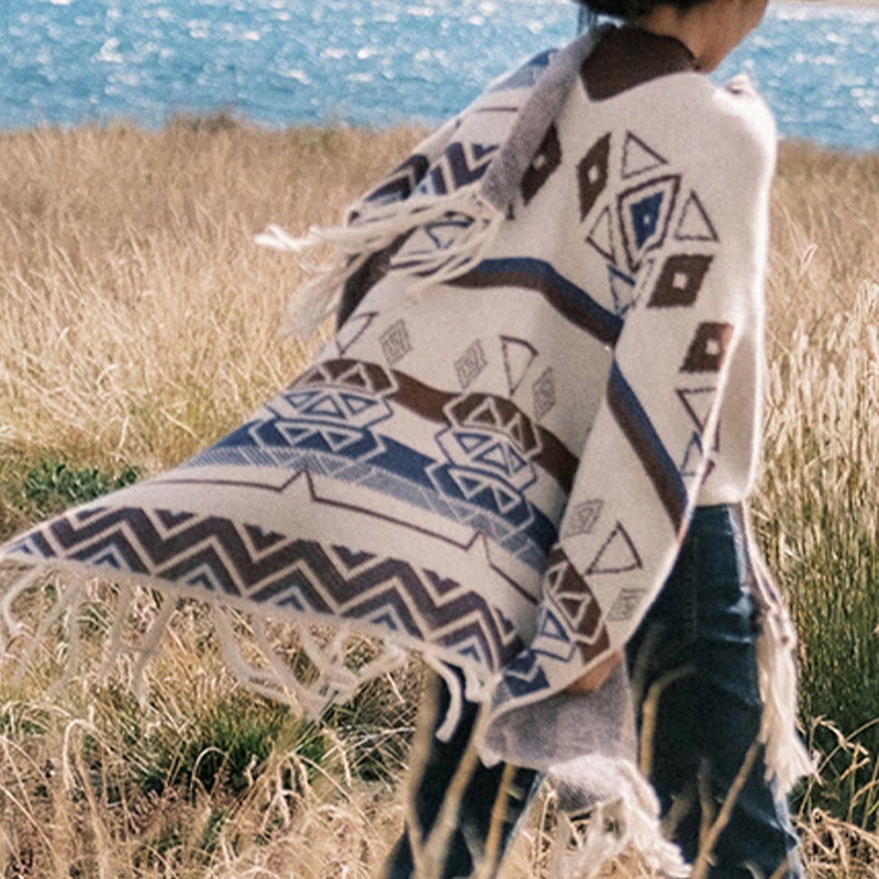 Tibetan Wave Stripe Geometry Tassels Shawl Fall Winter Cozy Scarf Wrap