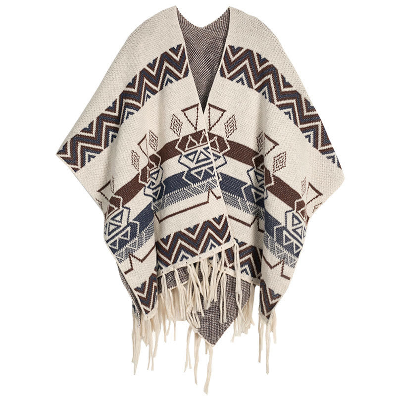 Tibetan Wave Stripe Geometry Tassels Shawl Fall Winter Cozy Scarf Wrap