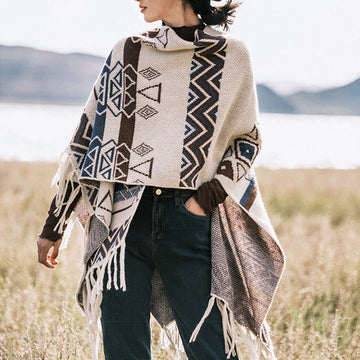 Tibetan Wave Stripe Geometry Tassels Shawl Fall Winter Cozy Scarf Wrap