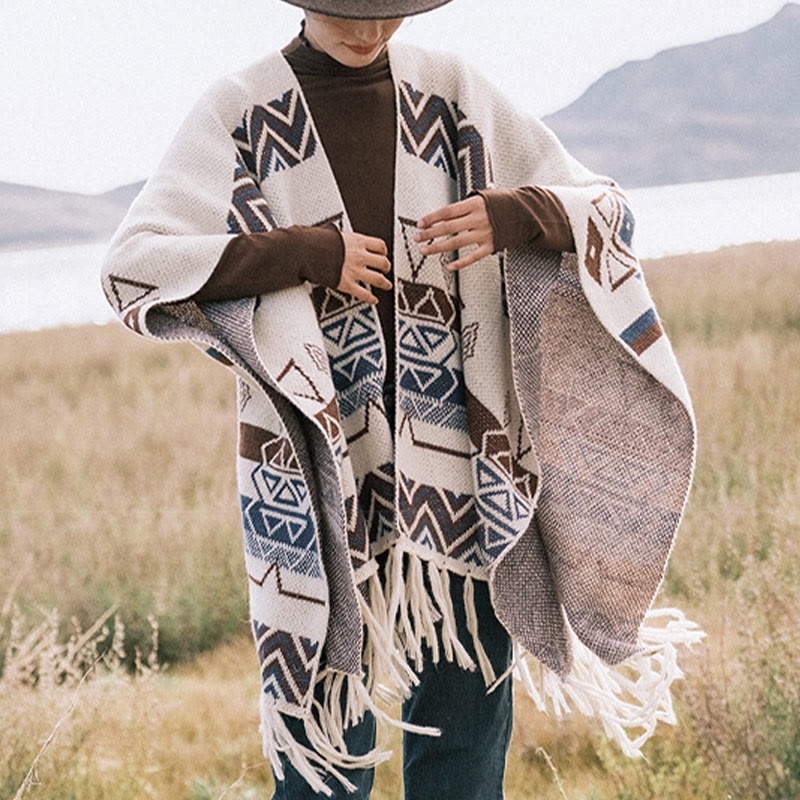 Tibetan Wave Stripe Geometry Tassels Shawl Fall Winter Cozy Scarf Wrap