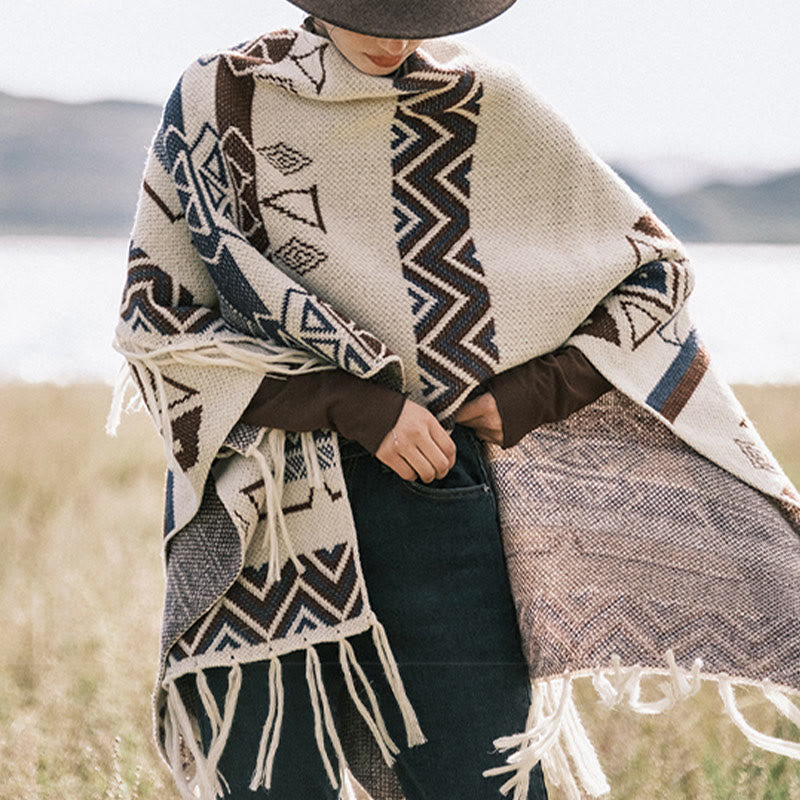 Tibetan Wave Stripe Geometry Tassels Shawl Fall Winter Cozy Scarf Wrap