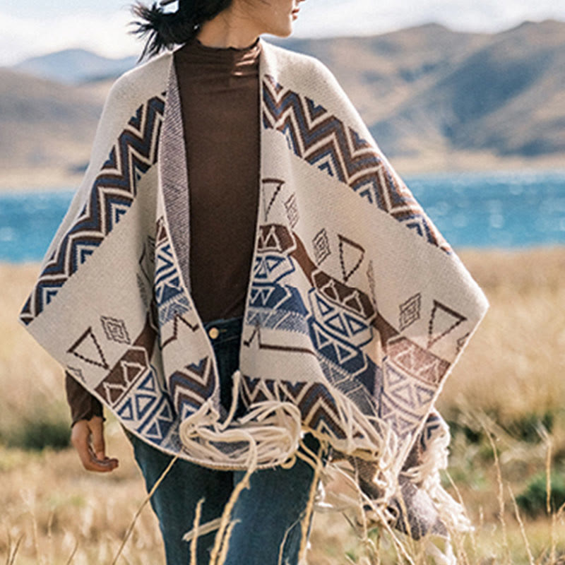 Tibetan Wave Stripe Geometry Tassels Shawl Fall Winter Cozy Scarf Wrap