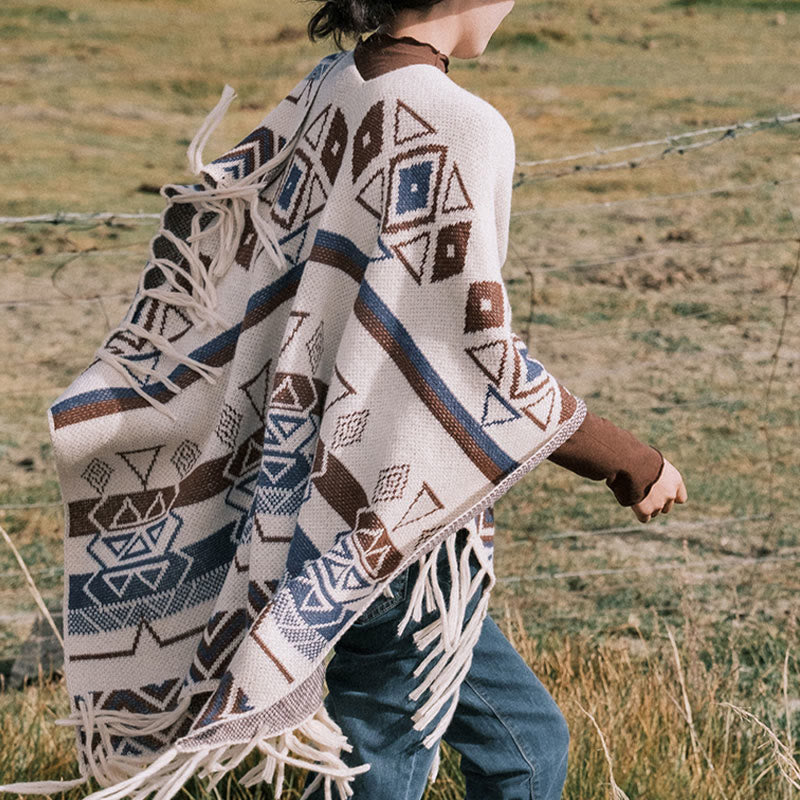 Tibetan Wave Stripe Geometry Tassels Shawl Fall Winter Cozy Scarf Wrap