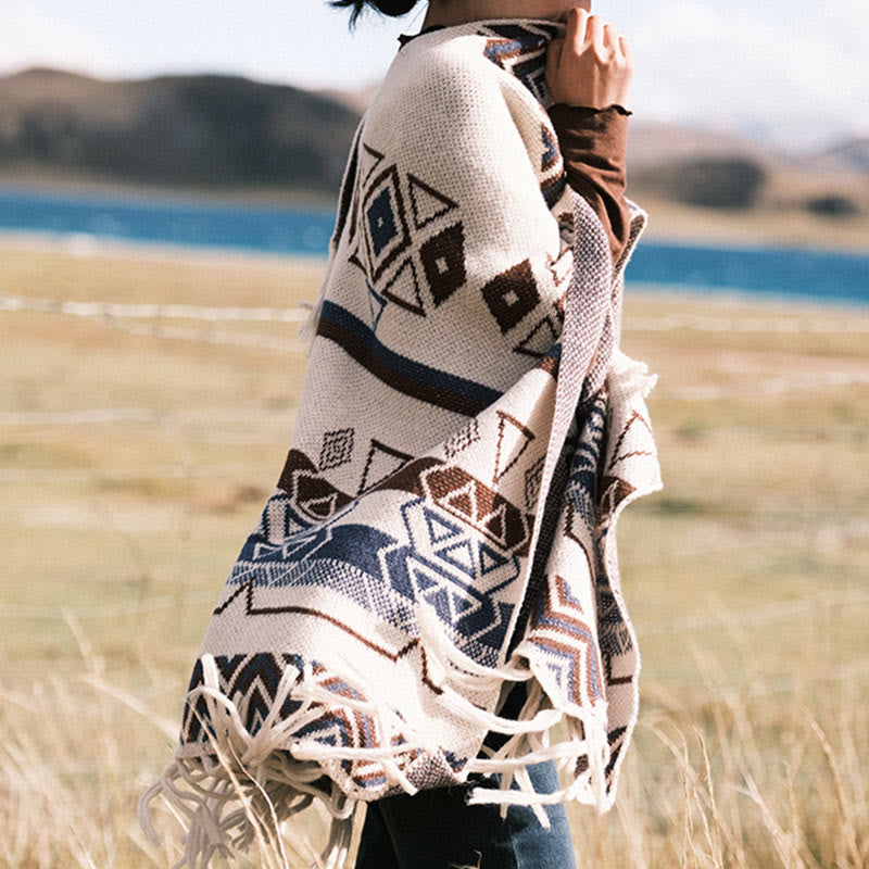 Tibetan Wave Stripe Geometry Tassels Shawl Fall Winter Cozy Scarf Wrap