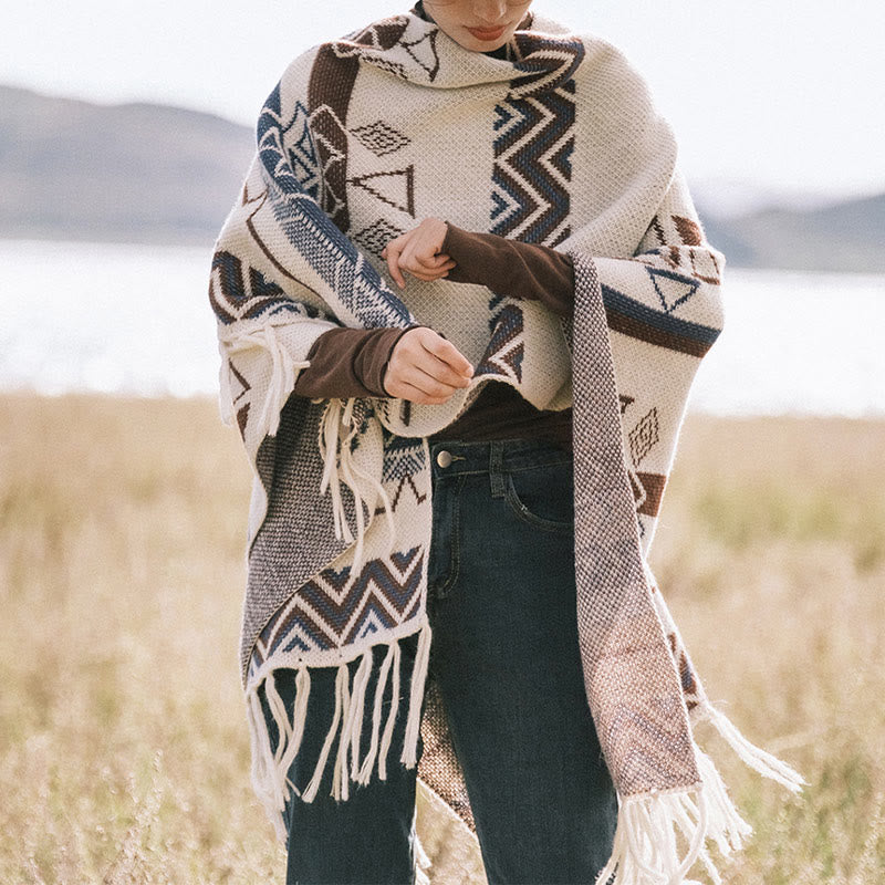 Tibetan Wave Stripe Geometry Tassels Shawl Fall Winter Cozy Scarf Wrap