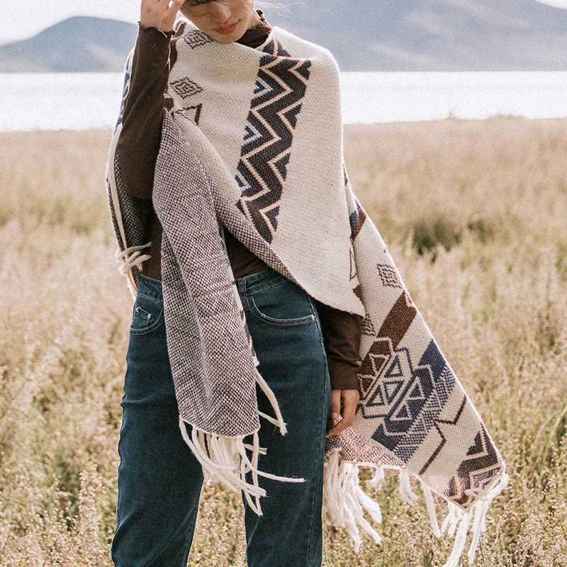 Tibetan Wave Stripe Geometry Tassels Shawl Fall Winter Cozy Scarf Wrap