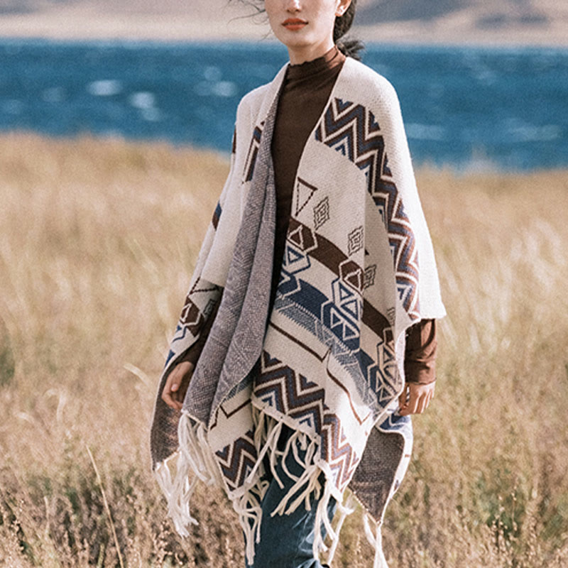 Tibetan Wave Stripe Geometry Tassels Shawl Fall Winter Cozy Scarf Wrap