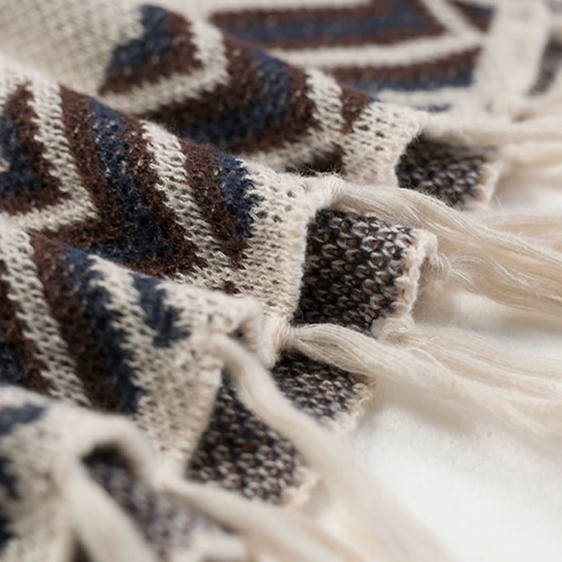Tibetan Wave Stripe Geometry Tassels Shawl Fall Winter Cozy Scarf Wrap