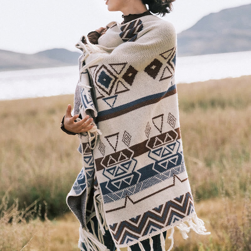 Tibetan Wave Stripe Geometry Tassels Shawl Fall Winter Cozy Scarf Wrap