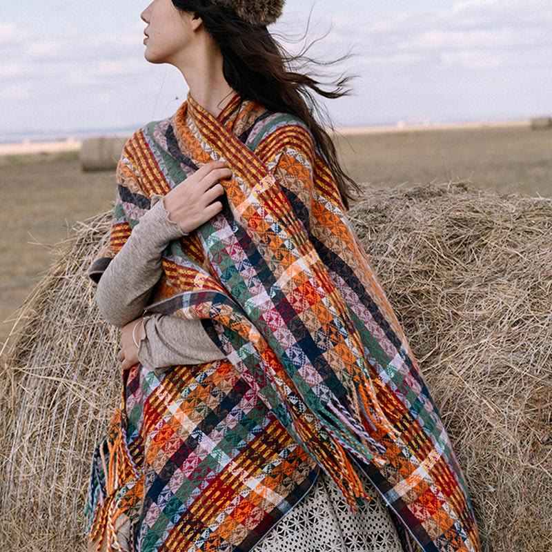 Tibetan Colorful Stripe Geometry Tassels Shawl Fall Winter Soft Scarf Wrap