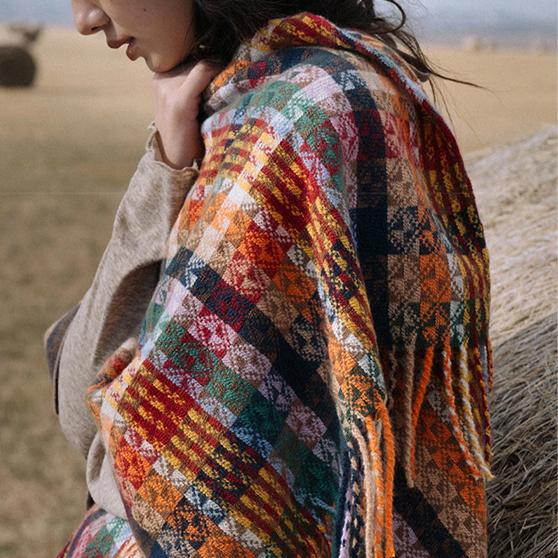 Tibetan Colorful Stripe Geometry Tassels Shawl Fall Winter Soft Scarf Wrap