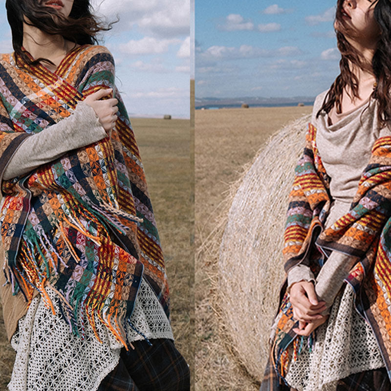 Tibetan Colorful Stripe Geometry Tassels Shawl Fall Winter Soft Scarf Wrap