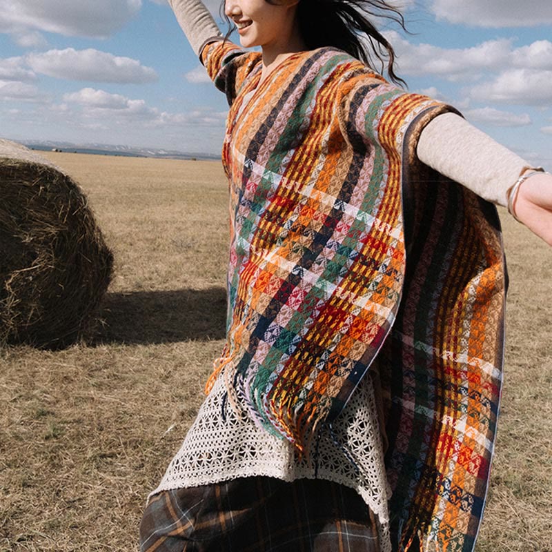 Tibetan Colorful Stripe Geometry Tassels Shawl Fall Winter Soft Scarf Wrap