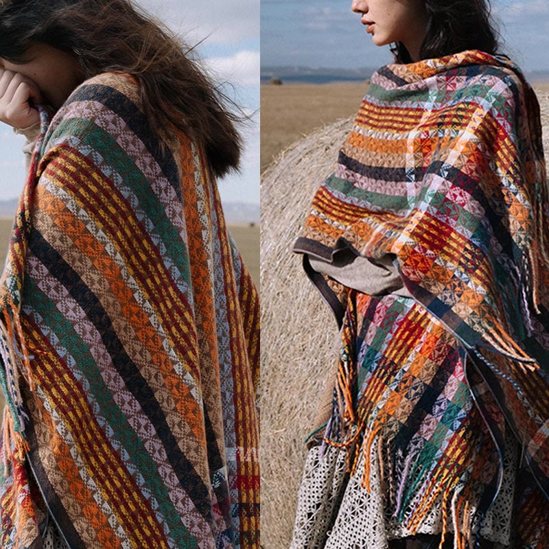 Tibetan Colorful Stripe Geometry Tassels Shawl Fall Winter Soft Scarf Wrap