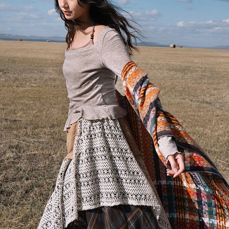Tibetan Colorful Stripe Geometry Tassels Shawl Fall Winter Soft Scarf Wrap