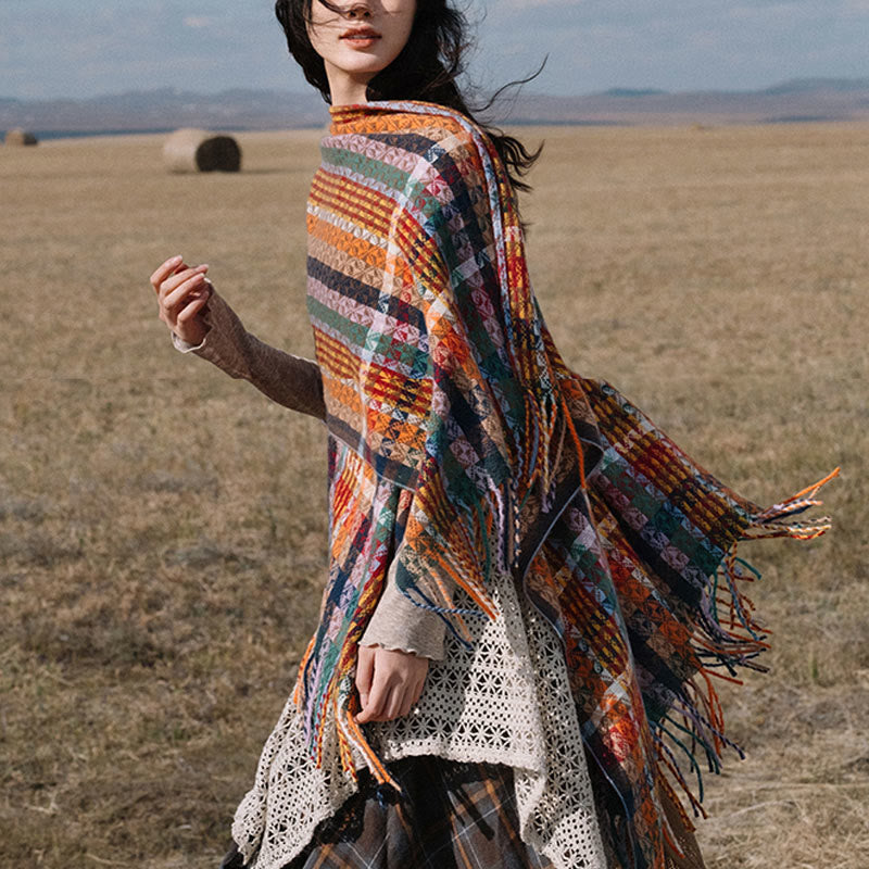 Tibetan Colorful Stripe Geometry Tassels Shawl Fall Winter Soft Scarf Wrap