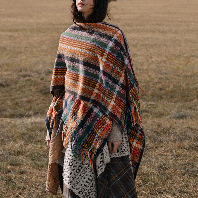 Tibetan Colorful Stripe Geometry Tassels Shawl Fall Winter Soft Scarf Wrap