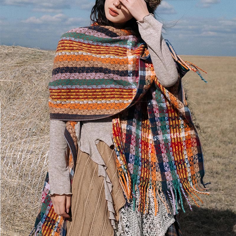 Tibetan Colorful Stripe Geometry Tassels Shawl Fall Winter Soft Scarf Wrap