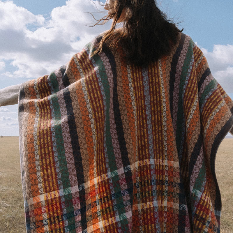 Tibetan Colorful Stripe Geometry Tassels Shawl Fall Winter Soft Scarf Wrap